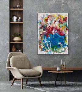Goodness Gracious A Bright Lively Abstract By Red, 48x36, Acrylic, Set in room with textured gray wall and beige chair