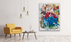 Goodness Gracious A Bright Lively Abstract By Red, 48x36, Acrylic, Set in room with Yellow Chair
