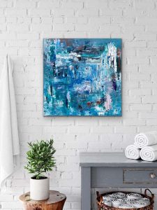 Magical Palette Knife Acrylic Abstract by Red on gallery wrap canvas 24" x 24" in bathroom setting