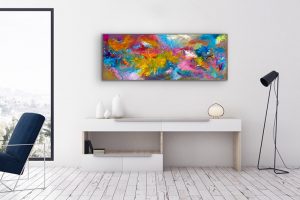 Sashay Mixed Media Abstract by Red on gallery wrap canvas 60" x 20" hung in great room