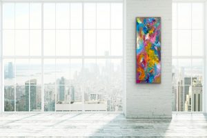 Sashay Mixed Media Abstract by Red on gallery wrap canvas 60" x 20" hung on white wall