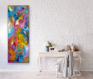 Sashay Mixed Media Abstract by Red on gallery wrap canvas 60" x 20" set in room with writing table