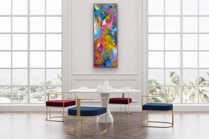 Sashay Mixed Media Abstract by Red on gallery wrap canvas 60" x 20" set in room with blue and red chairs