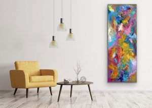 Sashay Mixed Media Abstract by Red on gallery wrap canvas 60" x 20" set in room with yellow chair