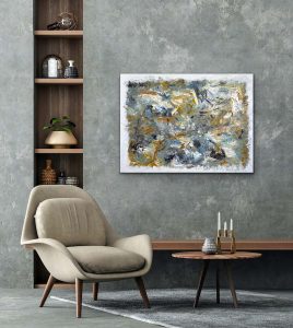 The Road Less Traveled Oil Abstract by Red with Beige Chair Room setting, 36c48 Gallery Wrap Canvas