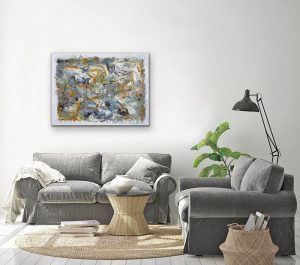 The Road Less Traveled Oil Abstract by Red Hung Over Gray Couch, 36c48 Gallery Wrap Canvas