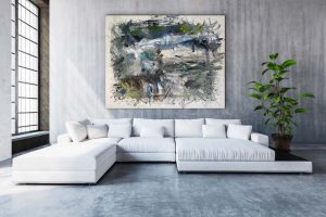 Time Passages Oil Abstract by Red, 48"x60", Gallery Wrap Canvas, Hung on Gray wall with large white couch