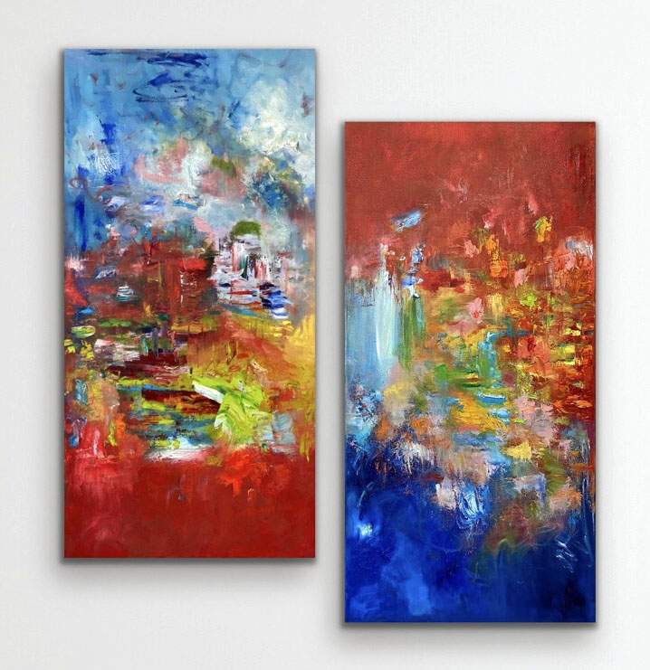 Hey Brother, Hey Sister Oil Diptych Abstract by Red, 2) 36" x 18", on Gallery Wrap Canvas