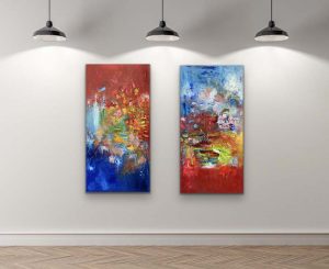 Oil Diptych Abstract by Red, 2) 36" x 18", on gallery wrap canvas on display