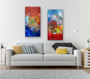 Hey Brother, Hey Sister, Oil Diptych Abstract by Red, 2) 36" x 18", on gallery wrap canvas hung over white couch