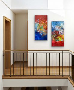 Hey Brother, Hey Sister, Oil Diptych Abstract by Red, 2) 36" x 18", on gallery wrap canvas hung in upstairs landing