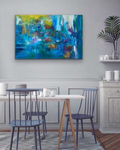 Unstoppable Acrylic Abstract by Red, 24" x 36", gallery wrap canvas hung in breakfast area