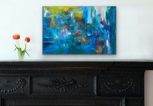 Acrylic Abstract by Red, 24" x 36", gallery wrap canvas hung over side hutch