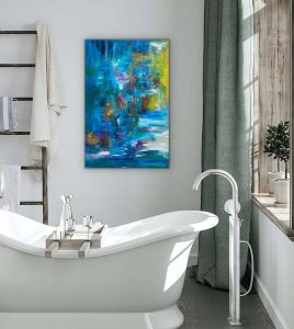 Unstoppable Acrylic Abstract by Red, 24" x 36", gallery wrap canvas hung over standing tub