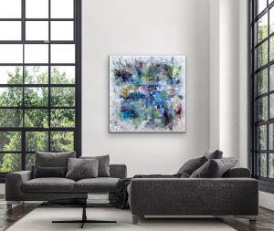 Windows Are Rolled Down Oil Abstract by Red, 60"x60", Gallery wrap canvas with charcoal sofas