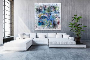 Windows Are Rolled Down Oil Abstract by Red, 60"x60", Gallery wrap canvas with large white sofa