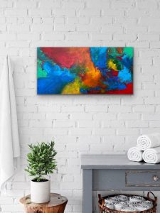 Fearless Spirit Acrylic Abstract by Red Hung on White Brick Wall in Bathroom