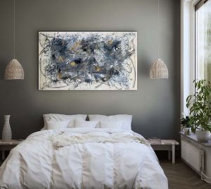 Masquerade Abstract by Red, 60" x 36" on gallery wrap canvas in bedroom setting