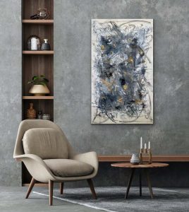 Masquerade Abstract by Red, 60" x 36" on gallery wrap canvas with Beige Chair and Gray wall
