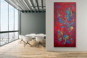 New Orleans Jazz acrylic abstract by Red, 72 x 36, on display wall