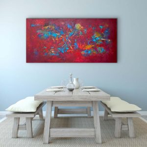 Acrylic Abstract by Red, 72 x 36, gallery wrap canvas on Light blue wall with Dining Table