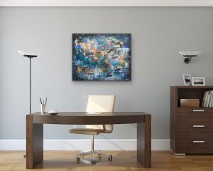 Shimmering With Tranquility Oil Abstract by Red, 24" x 30" Gallery Wrap Canvas Hung in Office
