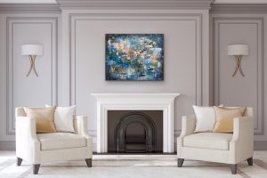 Shimmering With Tranquility Oil Abstract by Red, 24" x 30" Gallery Wrap Canvas Hung Over Fireplace with White Chairs