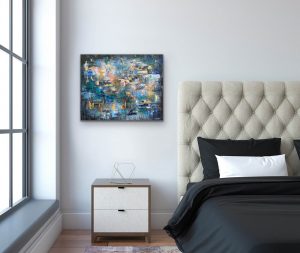 Shimmering With Tranquility Oil Abstract by Red, 24" x 30" Gallery Wrap Canvas in Bedroom Setting