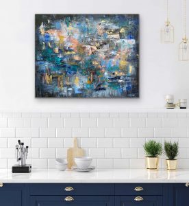 Shimmering With Tranquility Oil Abstract by Red, 24" x 30" Gallery Wrap Canvas Hung Over Counter