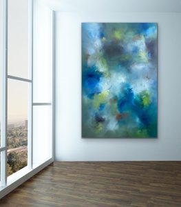 Whispering Strokes Large Oil Abstract by Red, 60" x 40", Gallery Wrap Canvas Hung by Large Viewing Window