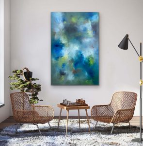 Whispering Strokes Oil Abstract by Red, 60" x 40". Gallery Wrap Canvas Hung with Wicker Chair Setting