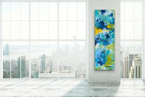 Caresses of Sunshine Oil Abstract by Red, 20" x 60" Gallery Wrap Canvas Hung on White Brick Wall