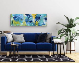 Caresses of Sunshine Oil Abstract by Red, 20" x 60" Gallery Wrap Canvas Hung over Blue Couch