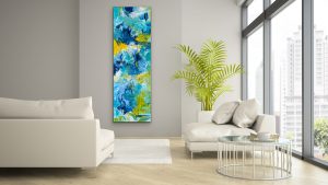 Caresses of Sunshine Oil Abstract by Red, 20" x 60" Gallery Wrap Canvas Hung with White Sofas
