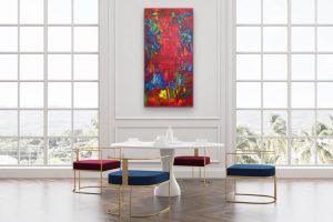 Sparkling Treasures Acrylic Abstract by Red Hung on White Wall, 48x24