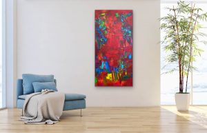 What is an artist - Sparkling Treasures Acrylic Abstract by Red on gallery wrap canvas, 48" x 24", hung on wall near blue chair