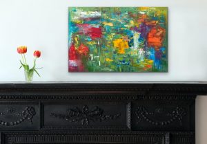 Acrylic Abstract by Red, Gallery Wrap Canvas, 24" x 36", hung over black credenza