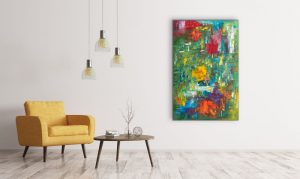 Acrylic Abstract by Red, Gallery Wrap Canvas, 36" x 24", Hung Vertically with Yellow Chair