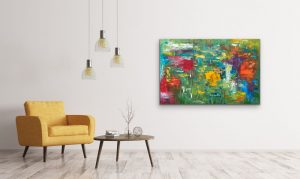 Green Eyes Acrylic Abstract by Red, Gallery Wrap Canvas, 24" x 36" Hung with Yellowfins Chair