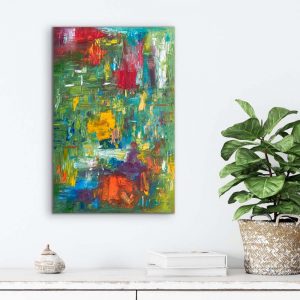 Green Eyes Acrylic Abstract by Red, Gallery Wrap Canvas, 36" x 24", Hung Vertically on White Wall