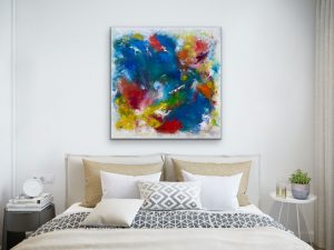 Large Colorful Abstract by Red, 48x48 Hung over Bed