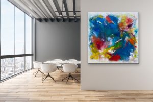 Mixed Media Abstract by Red, 48x48, Gallery Wrap canvas, displayed outside a conference room