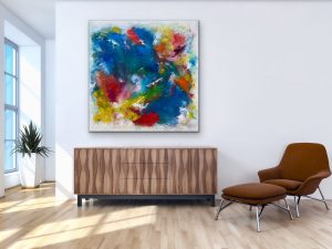 Morningside Mixed Media Abstract by Red, 48x48, Gallery Wrap Canvas Hung over Credenza