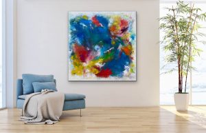 Morningside Mixed Media Abstract by Red, 48x48, Gallery Wrap canvas, Hung with Light Blue Chair