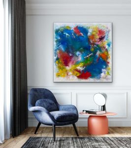 Morningside Mixed Media Abstract by Red, 48x48, Gallery Wrap canvas, Displayed with Dark Blue Chair
