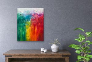 Rainbow of Emotions Oil Abstract by Red, 30x24, Gallery Wrap Canvas, Hung Over Sofa Table