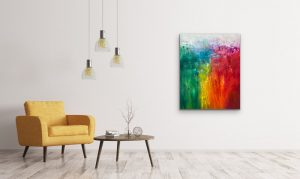Rainbow of Emotions Oil Abstract by Red, 30x24, Gallery Wrap Canvas, Hung on white wall with Yellow Chair