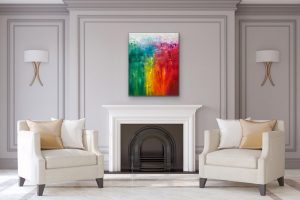 Rainbow of Emotions Oil Abstract by Red, 30x24, Gallery Wrap Canvas, Hung over Fireplace with White Chairs