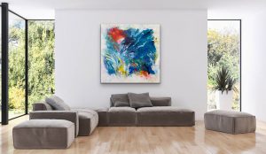 Summer Wind Acrylic Abstract by Red, 48x 48, Gallery Wrap Canvas, Hung in Great Room Setting