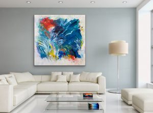 Acrylic Abstract by Red, 48x 48, Gallery Wrap Canvas, Hung with large white sofa